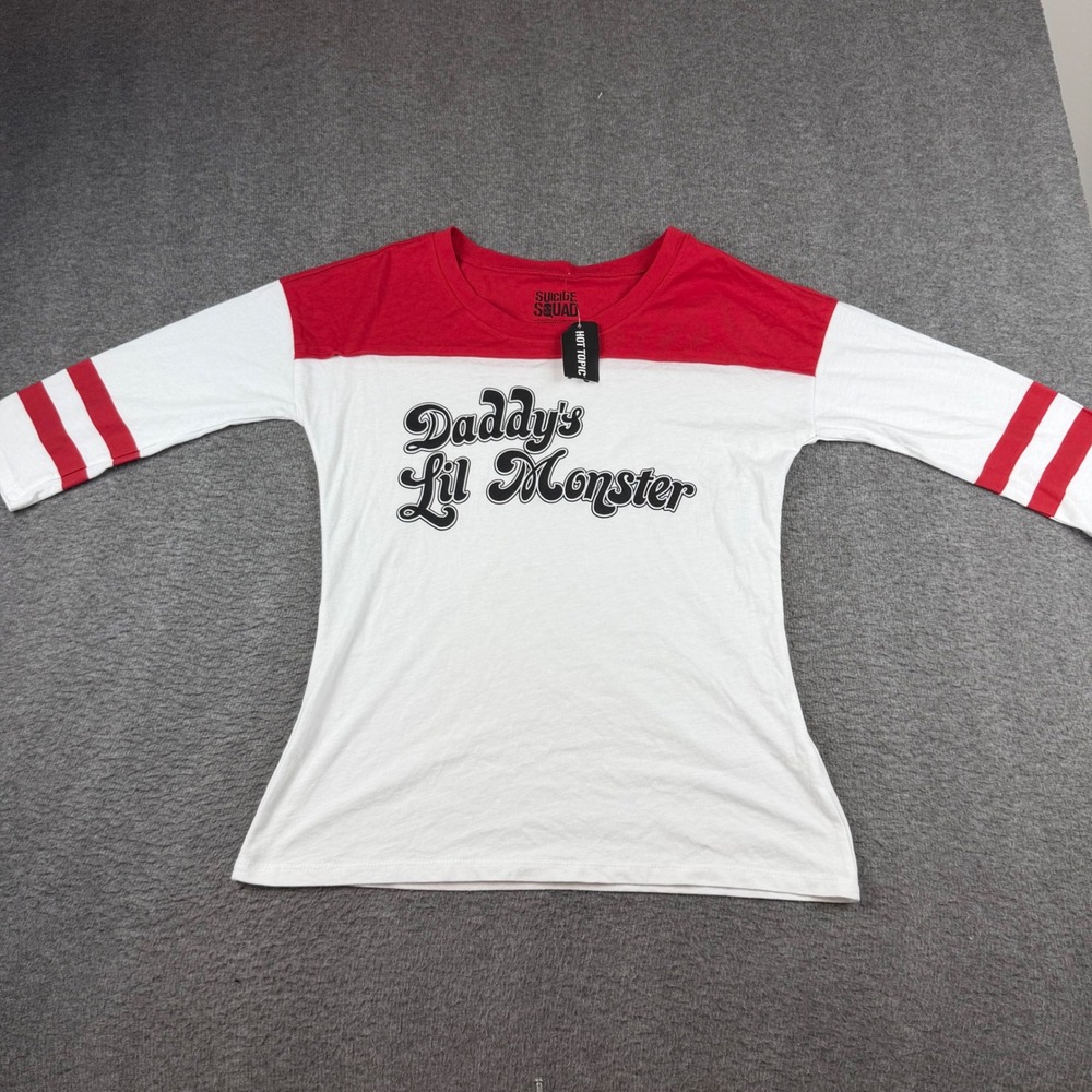 Hot Topic Suicide Squad Top Women's Large White Red Harley Quinn Cosplay Raglan
